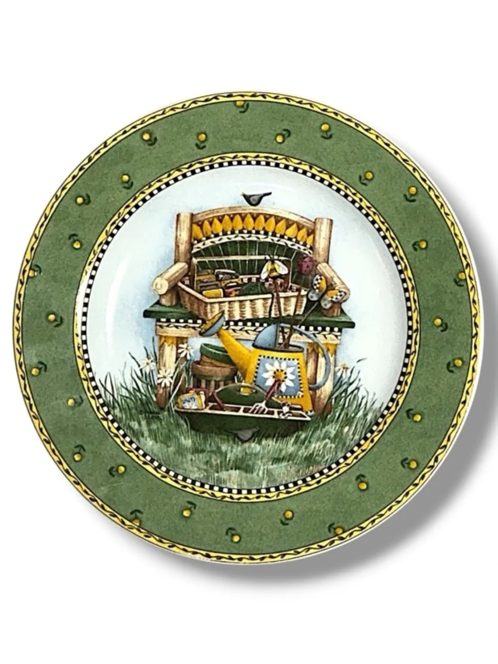 Vintage Debbie Mumm Plate Gardening Scene Green Yellow 8” Collectible 1999